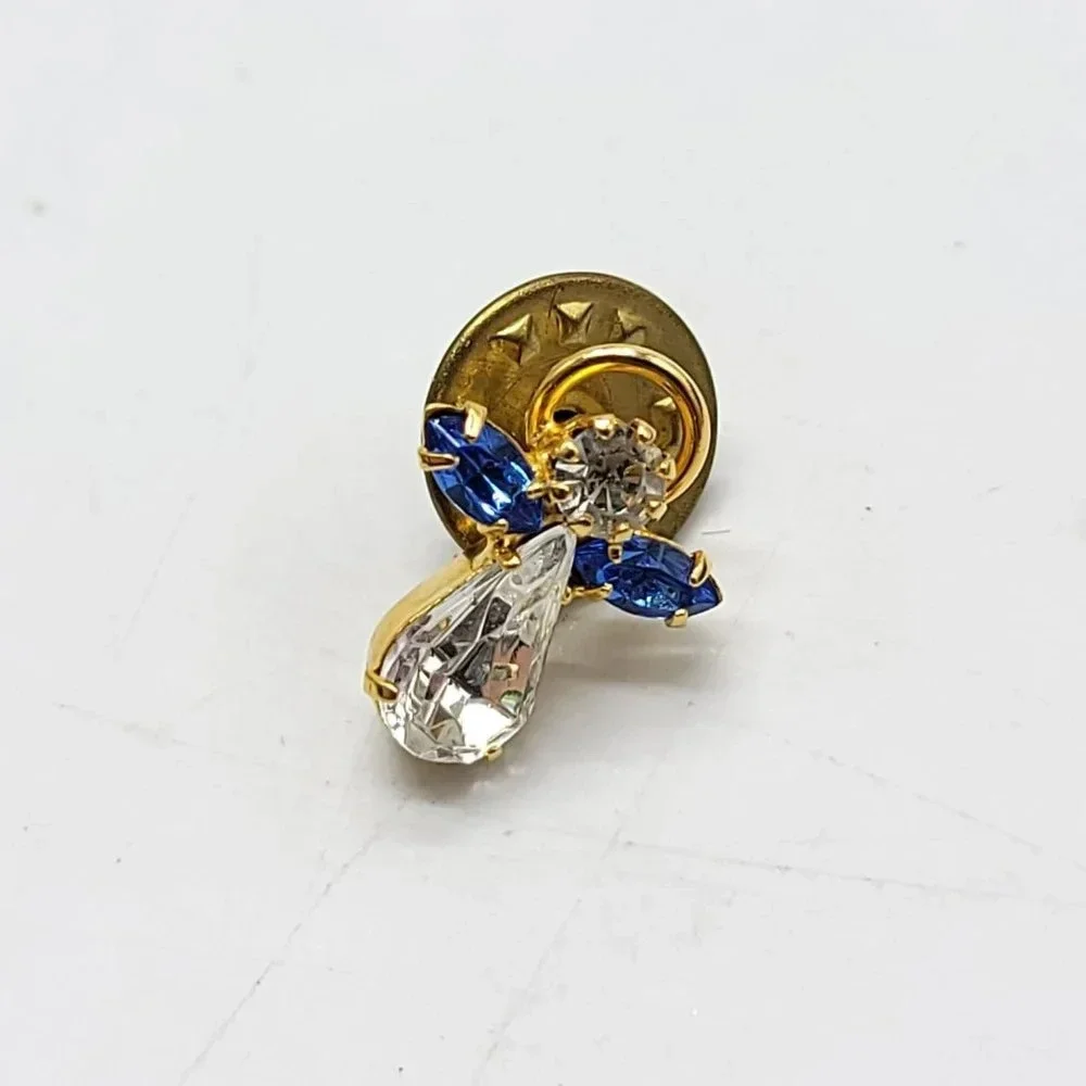 Gold Tone Clear Blue Glass Angel Halo Pin Brooch